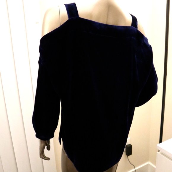 TIBI Velvet Top Blue Off The Shoulder Cold Shoulder Tunic Top Size XS $395 New - Picture 3 of 6